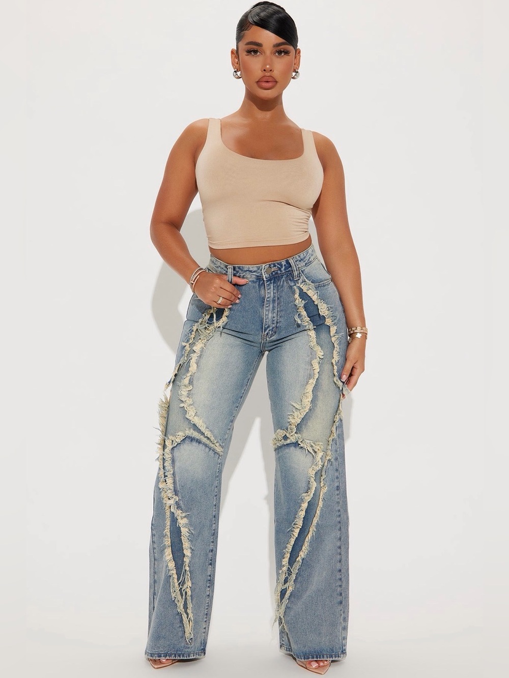 Fashion Nova Distressed Flare Jeans in Light Blue